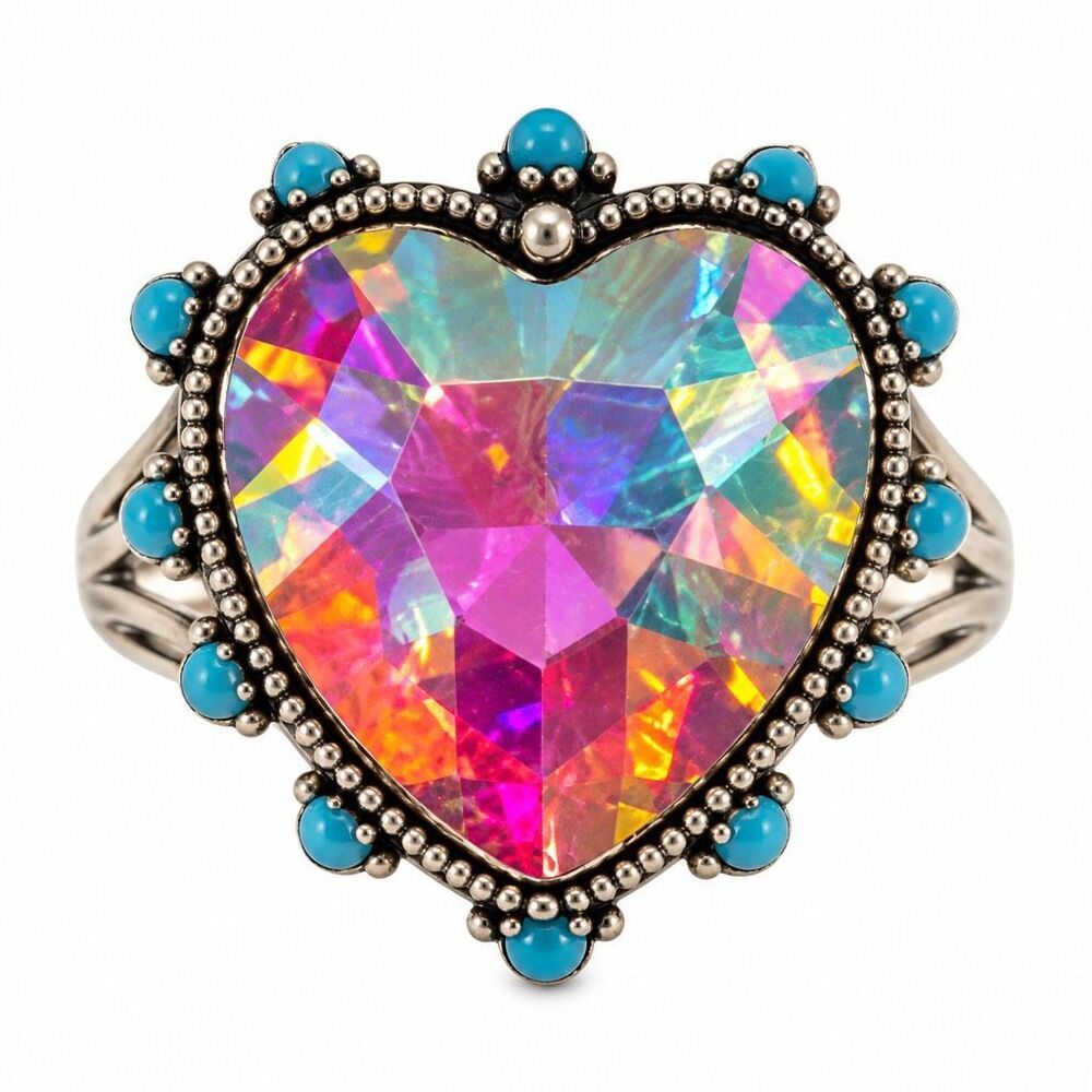 Oversized Iridescent Crystal Heart Turquoise Silver Tone Statement Cocktail Ring
